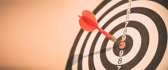 Bulls eye or bullseye target or dart board has red dart arrow throw hitting the center of a...
