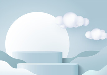 3d background product display podium scene with cloud geometric platform. cloud background vector 3d render with podium. stand to show cosmetic product. Stage showcase on pedestal display blue studio