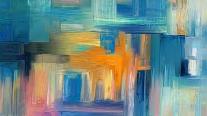 Foto op Plexiglas Yellow, bright blue strokes of paint, canvas. Contemporary art made with colored strokes and rough strokes, abstract painting © Brushinkin paintings