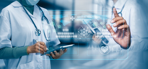 Medicine doctor touching on digital tablet and hologram modern virtual screen interface icons, Medical technology and futuristic concept.
