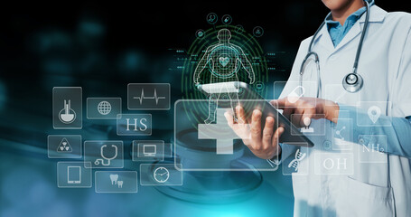 Medicine doctor using digital healthcare and network connection on hologram modern virtual screen interface icons, Medical technology futuristic concept.