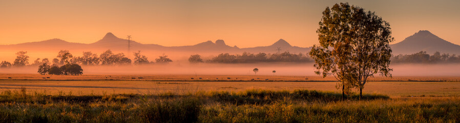 Panorama of Farmland with Mountains and Morning Mist