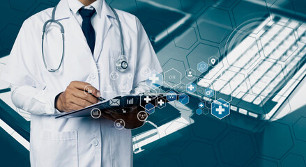 Medicine doctor using digital healthcare and network connection on hologram modern virtual screen...