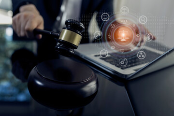 Fototapeta na wymiar Concepts of Law and Legal services. Lawyer working with law interface icons. Blurred background.