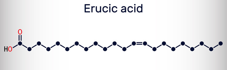 Erucic acid, docosenoic acid molecule. It is carboxylic, monounsaturated omega-9 fatty acid. Skeletal chemical formula