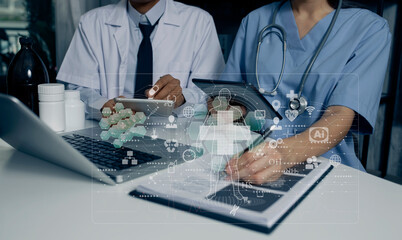 Medicine doctor using digital healthcare and network connection on hologram modern virtual screen interface icons, Medical technology futuristic concept.
