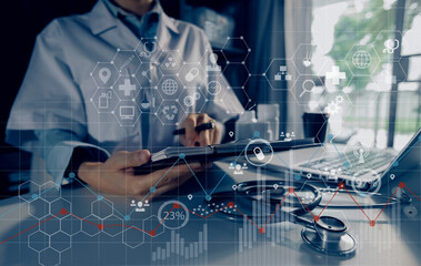 Medicine doctor using digital healthcare and network connection on hologram modern virtual screen interface icons, Medical technology futuristic concept.
