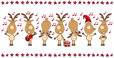 Weihnachten Rentiere in einer Reihe machen Musik und singen, Bordüre aus roten Sternen, Cartoon