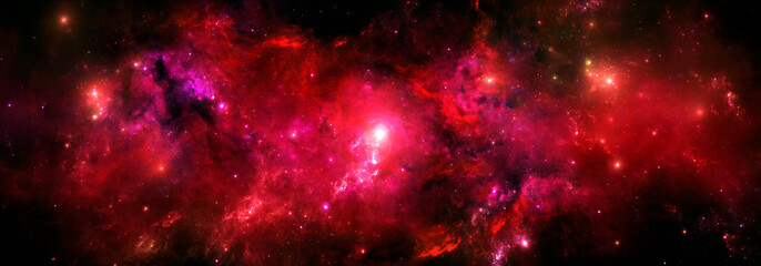 Red colorful nebula in deep space with the glitter of stars