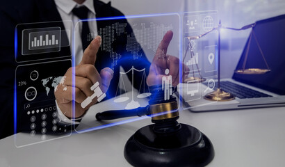Concepts of Law and Legal services. Lawyer working with law interface icons. Blurred background.	