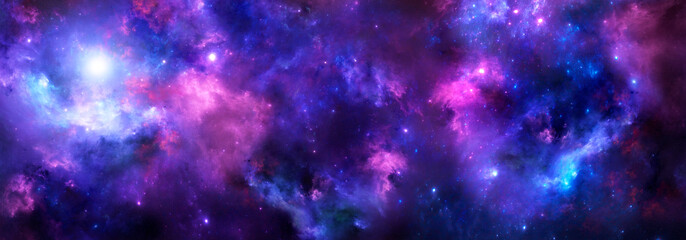Space background with realistic purple nebula and shining stars.