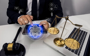 Concepts of Law and Legal services. Lawyer working with law interface icons. Blurred background.	