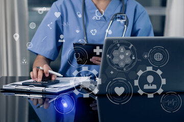 Medicine doctor touching on digital tablet and hologram modern virtual screen interface icons, Medical technology and futuristic concept.
