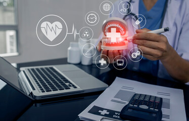 Medicine doctor using digital healthcare and network connection on hologram modern virtual screen interface icons, Medical technology futuristic concept.
