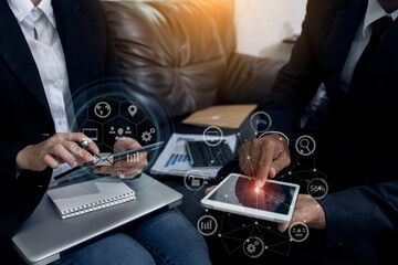 Businessman hands working on network and digital finance marketing chart with future technology innovation and digital transformation concept.
