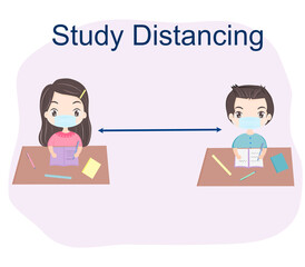 Girl and boy study distancing and wearing mask for safe from coonavirus . Illustration 