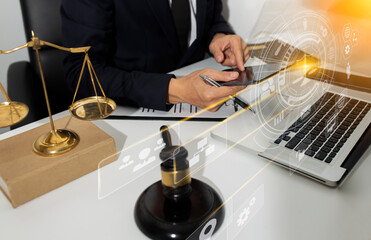 Justice and law concept. Hands of male judge working at a courtroom,