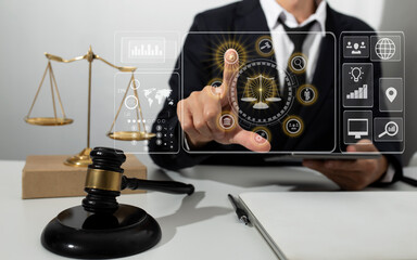 Concepts of Law and Legal services. Lawyer working with law interface icons. Blurred background.	
