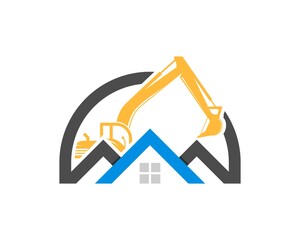 Real estate house with construction excavator behind - obrazy, fototapety, plakaty