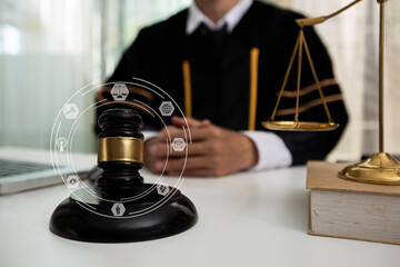 Concepts of Law and Legal services. Lawyer working with law interface icons. Blurred background.	