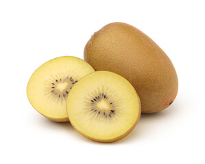 Golden kiwi whole and sliced isolated on white background, cutout.