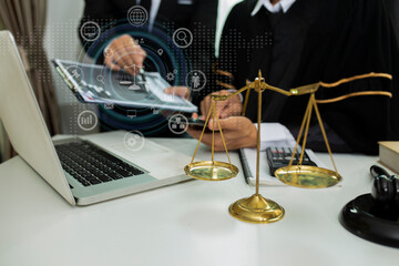 Concepts of Law and Legal services. Lawyer working with law interface icons. Blurred background.	