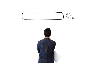 Man staring at wall looking at abstract design with search bar icon. Young Entrepreneur businessman