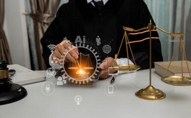 Concepts of Law and Legal services. Lawyer working with law interface icons. Blurred background.	