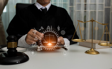Concepts of Law and Legal services. Lawyer working with law interface icons. Blurred background.	