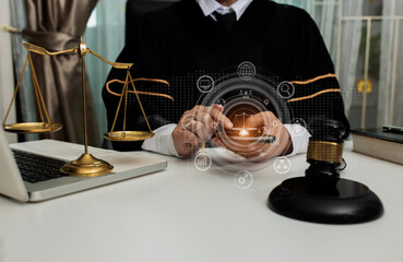 Concepts of Law and Legal services. Lawyer working with law interface icons. Blurred background.	