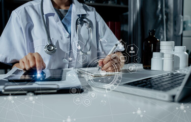 Medicine doctor touching on digital tablet and hologram modern virtual screen interface icons, Medical technology and futuristic concept.
