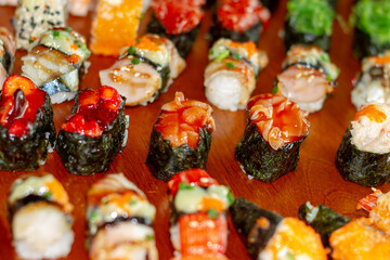 Sushi close-up  on wooden background, Japanese food