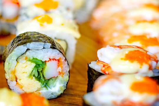 Sushi close-up  on wooden background, Japanese food