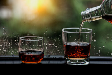 A glasses of alcohol drinks, Serve Whiskey and wine.