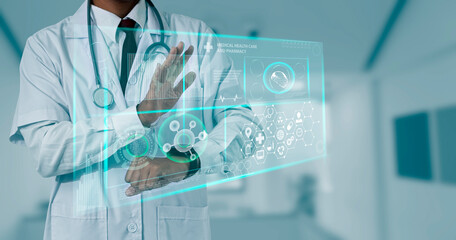 Fototapeta premium Medicine doctor touching on digital tablet and hologram modern virtual screen interface icons, Medical technology and futuristic concept.