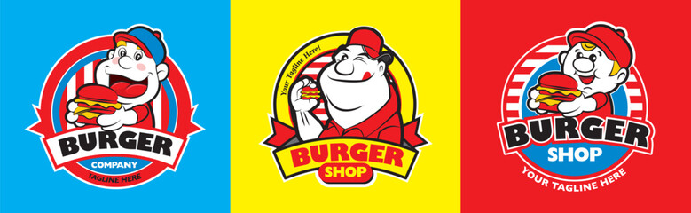Cartoon fatty boy holding big burger with custom title for burger food business set