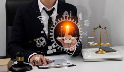 Concepts of Law and Legal services. Lawyer working with law interface icons. Blurred background.	