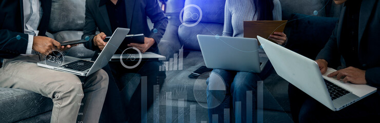 Selective focus of Businessman hands working on data analytics report and digital finance marketing chart with future technology innovation and digital transformation concept.