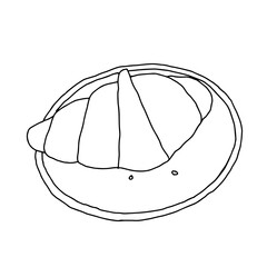 Black hand-drawn vector illustration of a croissant on a plate isolated on a white background