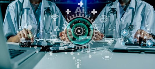 Medicine doctor touching on digital tablet and hologram modern virtual screen interface icons, Medical technology and futuristic concept.
