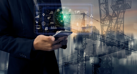 Future building construction engineering and technology project concept. double exposure graphic with engineer using digital tablet and smart industry and IOT software to control operation.
