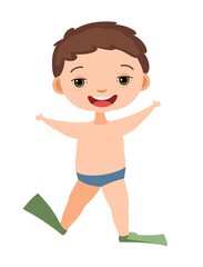 Cheerful boy rejoices. Prepared for water games in the sea, river or pool. In beachwear. Isolated on white background. Illustration in cartoon style. Flat design. Vector art