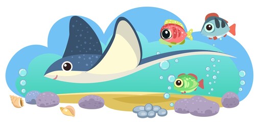 Little landscape. Stingray. Underwater life. Wild animals. Ocean, sea. Summer water. Isolated on white background. Illustration in cartoon style. Flat design. Vector art
