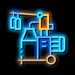milk bottle transfer machine neon light sign vector. Glowing bright icon milk bottle transfer machine sign. transparent symbol illustration