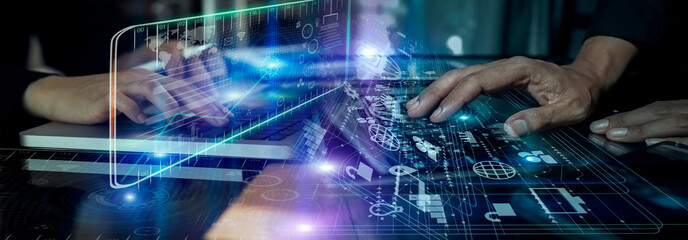 Obraz premium Businessman hands working on network and digital finance marketing chart with future technology innovation and digital transformation concept. 