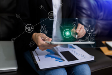 Double exposure of businessman with digital tablet and marketing virtual chart, Abstract icon, Business stock strategy concept.