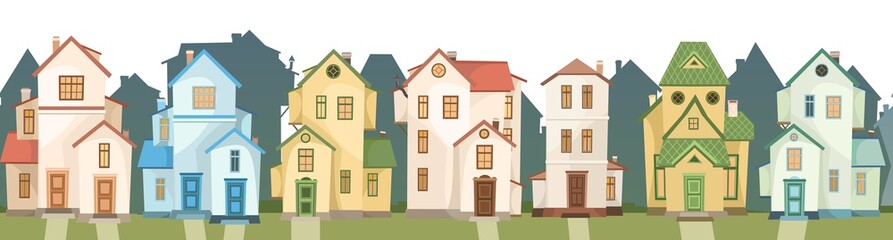 Street. Cartoon houses. Village or town. A beautiful, cozy country house in a traditional European style. Nice funny home. Rural building. Isolated Vector