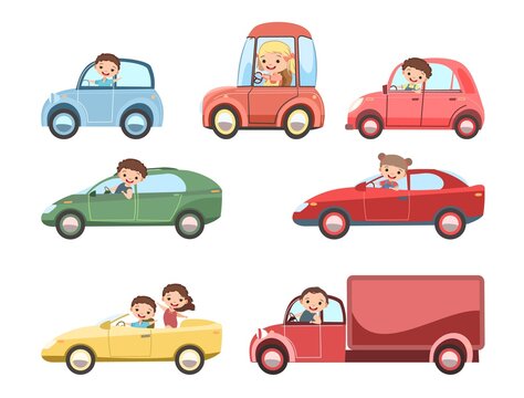 Childrens car. Set. Kids drives different cars and truck. Toy avehicle. With a motor. Nice passenger auto. Isolated over white background. Vector