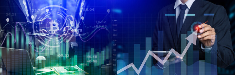 Businessman hands working on network and digital finance marketing chart with future technology innovation and digital transformation concept.