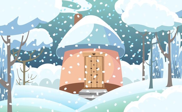 Fabulous funny house in snow. Forest winter landscape. Dwelling of gnome. Beautiful cartoon illustration. Snowfall. Childrens cute picture. Vector